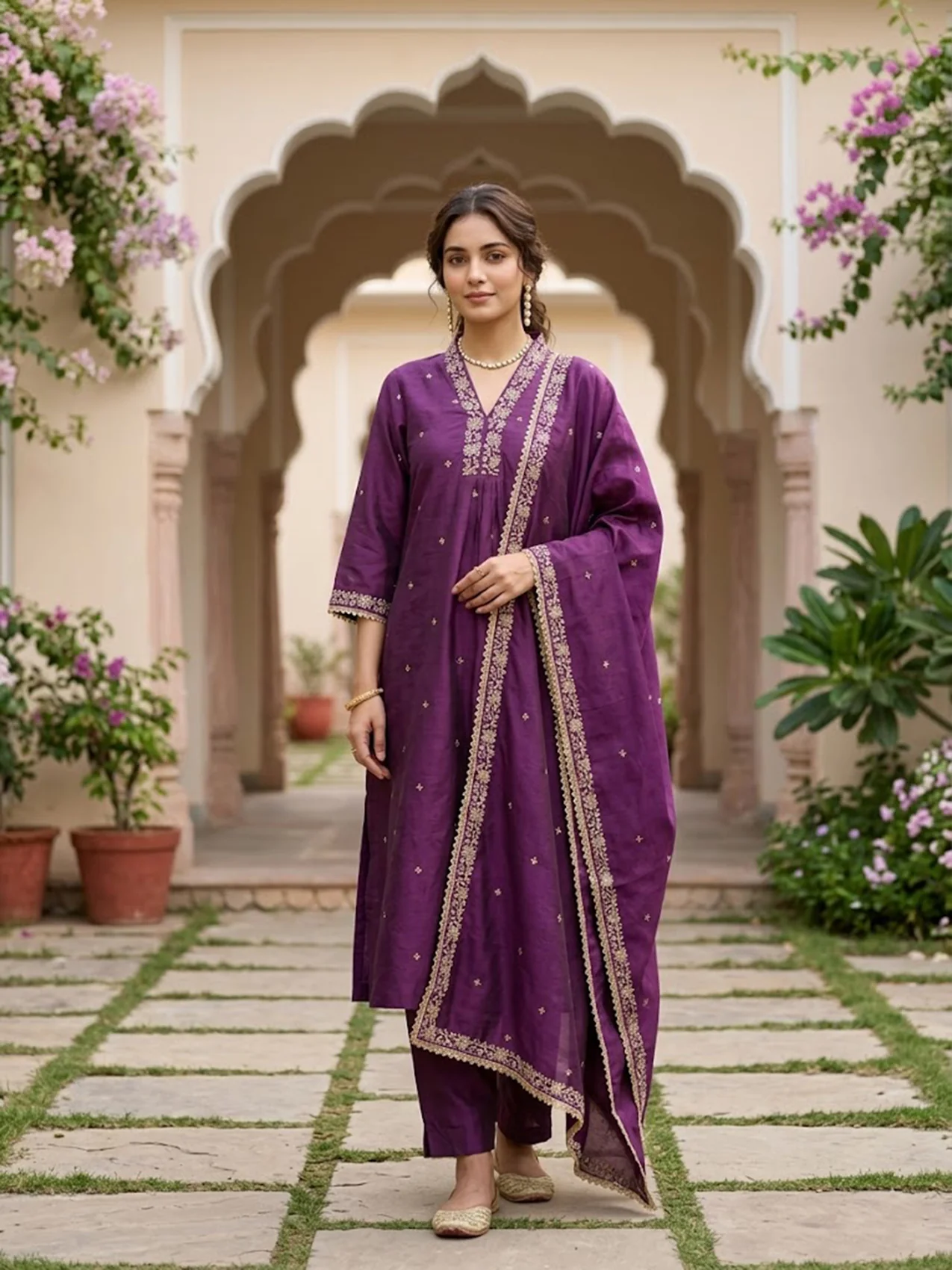 Wine Art Silk Cording A Line Kurta With Pant Regular And Dupatta